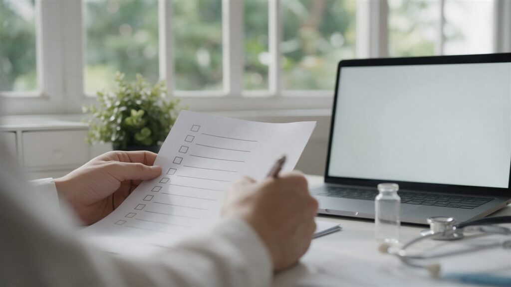 Hands working through a checklist beside a laptop and a small vial