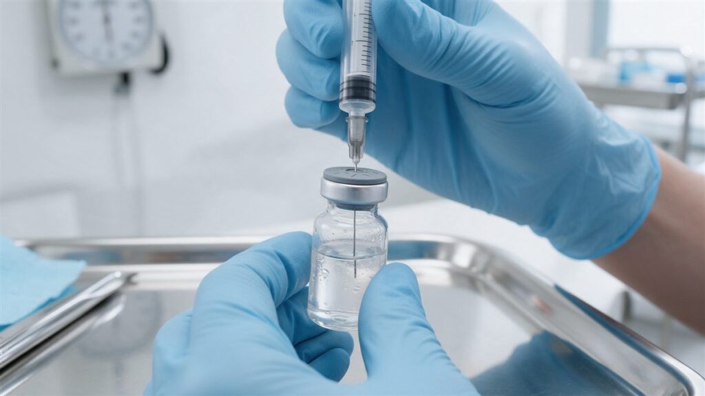 Gloved hands drawing medication from a vial with a syringe