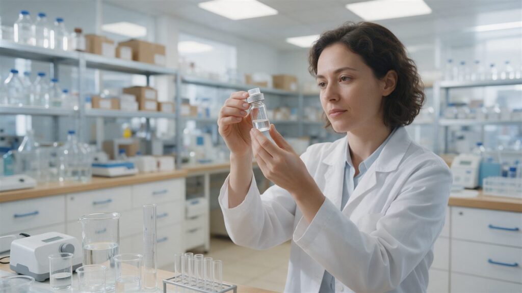 Pharmacist inspecting a small glass vial in a pharmacy lab