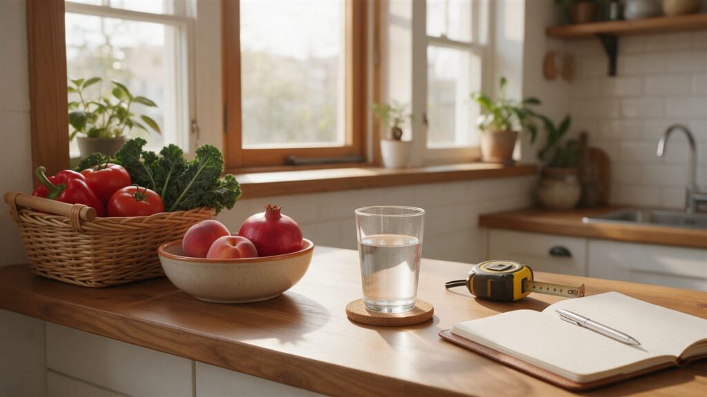 Healthy kitchen counter with vegetables, water, a tape measure and a notebook