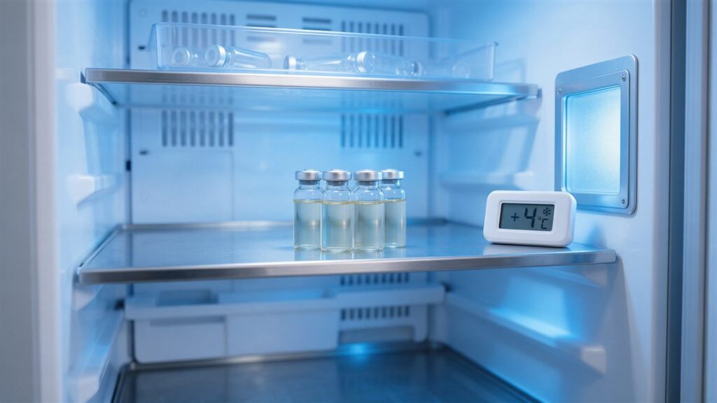 Vials stored on a shelf in a medical refrigerator with a thermometer