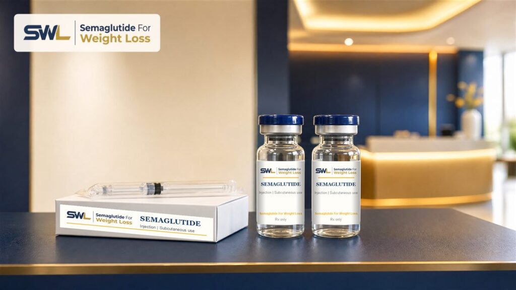 Two Semaglutide For Weight Loss branded semaglutide vials beside a branded box and syringe on a clinic counter
