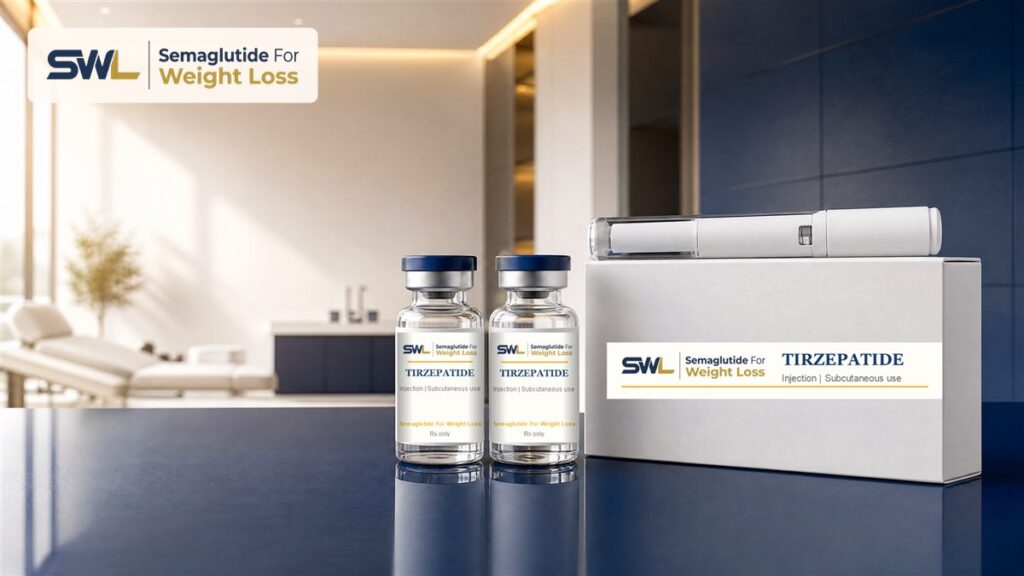 Two Semaglutide For Weight Loss branded tirzepatide vials beside a branded box and pen on a clinic counter