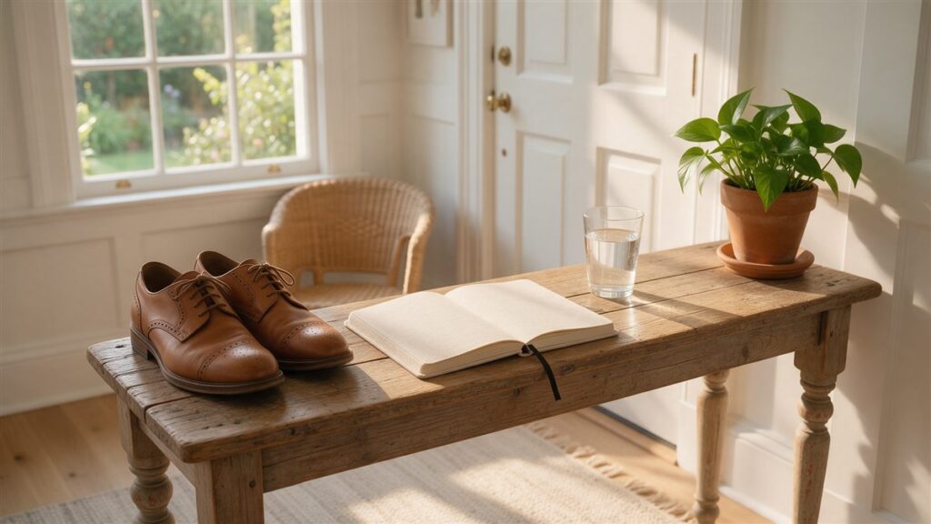 Hallway table with shoes, an open notebook, a glass of water and a plant in morning light