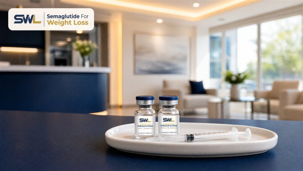Insulin syringe beside two branded tirzepatide vials on a tray in a Semaglutide For Weight Loss clinic