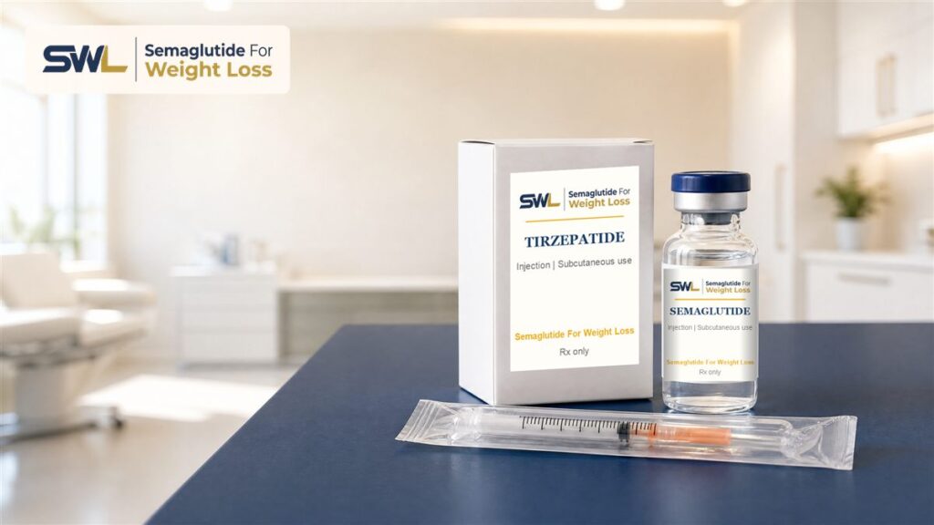 A Semaglutide For Weight Loss branded semaglutide vial beside a branded tirzepatide box and a syringe in sterile packaging on a clinic counter